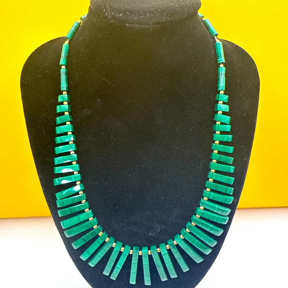 Vtg Malachite Gold Filled Fringe Bib Necklace 16” 38g
